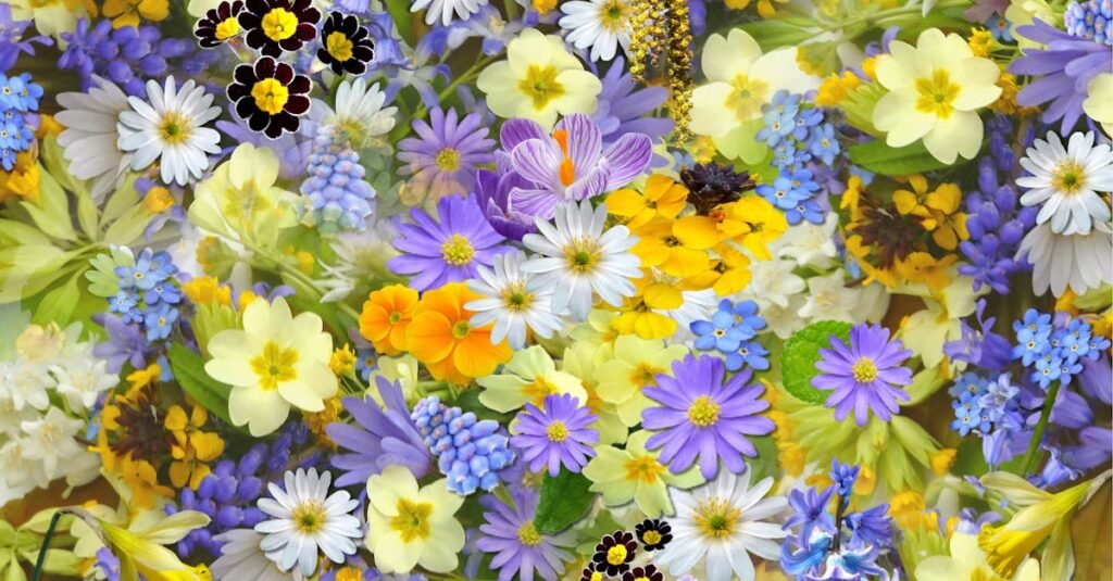 A colorful assortment of spring flowers, showcasing a vivid mix of colors and blooms.